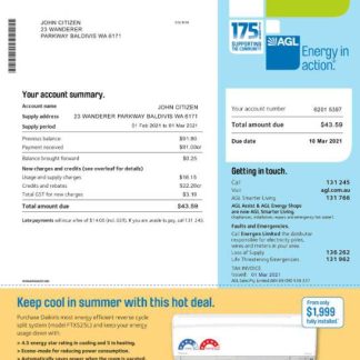 Australia AGL electricity utility bill template, fully editable in PSD format download template file