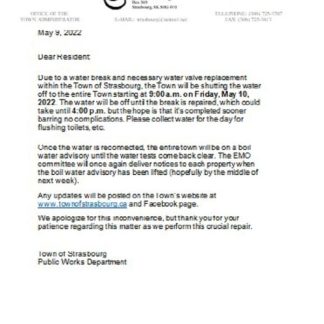 Canada Saskatchewan Town of Strasbourg water utility shut off notice download template file