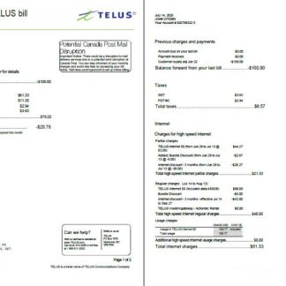 Canada Telus utility bill template in Word and PDF formats, 2 pages download template file