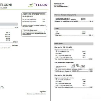 Canada Telus utility bill template in Word and PDF formats, 2 pages, version 3 download template file
