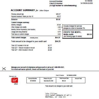 Canada Virgin Plus utility bill template in Word and PDF formats download template file
