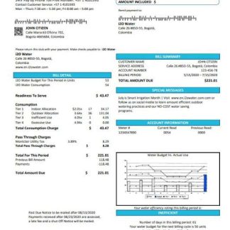 Colombia i2O Water utility bill download template file