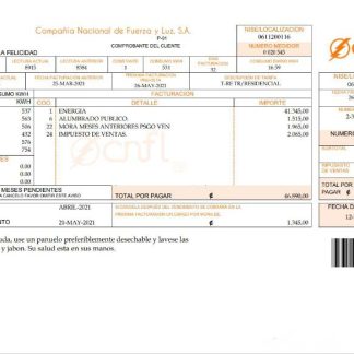 Costa Rica Compañía Nacional de Fuerza y Luz, S.A. (CNFL) utility bill download template file