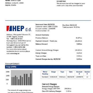Croatia Hrvatska Elektroprivreda electricity utility bill download template file