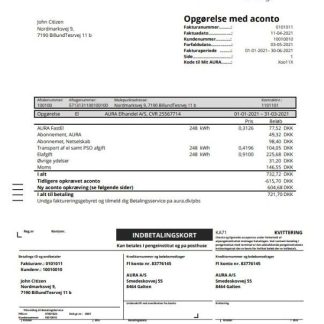 Denmark AURA Energi utility bill template in Word and PDF format download template file