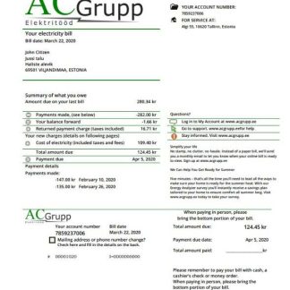 Estonia AC Grupp OÜ electricity utility bill template in Word and PDF format download template file