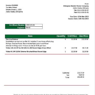 Ethiopia Ethiopian Electric Power Company electricity utility bill download template file