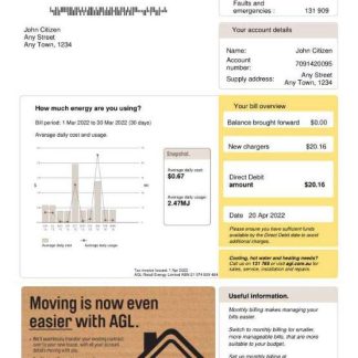 Australia AGL gas utility bill Word and PDF template, version 2 download template file