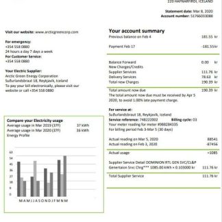 Iceland Arctic Green Energy Corporation electricity utility bill download template file