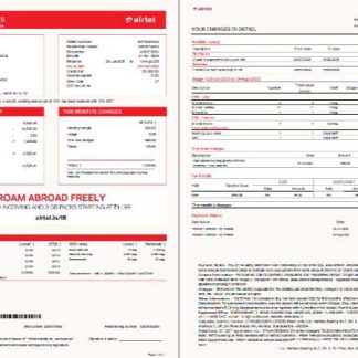 India airtel utility bill template in Word and PDF formats, 2 pages download template file