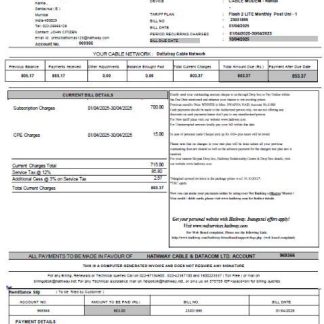 India Hathway Cable & Datacom utility bill template in Word and PDF formats download template file