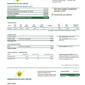 India Indraprasth Gas utility bill download template file