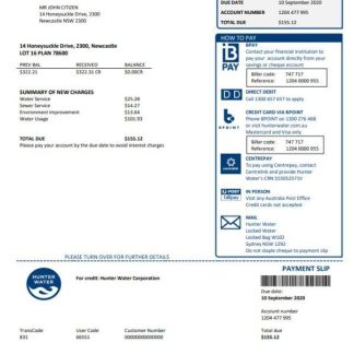 Australia Hunter Water utility bill download template file