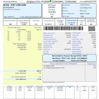 INDIA KOTA ELECTRICITY utiity bill Word and PDF template download template file