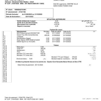 Algeria Algerie Telecom utility bill Word and PDF template download template file