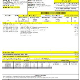 INIDA DELHI JAL BOARD utility bill Word and PDF template download template file