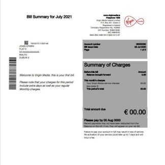 Ireland Virgin Media utility bill template editable in Word and PDF, version 1 download template file