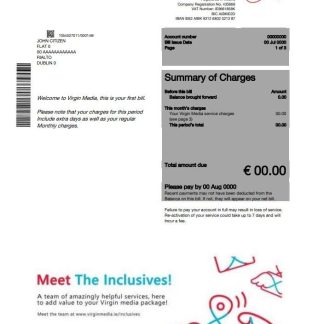Ireland Virgin Media utility bill template in Word and PDF format, version 2 download template file