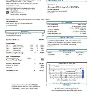 Kazakhstan Astana Su Arnasy utility bill template in Word and PDF format (.doc and .pdf) download template file