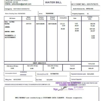Kenya Kenya Water Company utility bill template in Word and PDF formats download template file