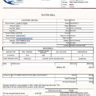 Kenya Meru Water and Sewerage Services utility bill template in Word and PDF formats download template file