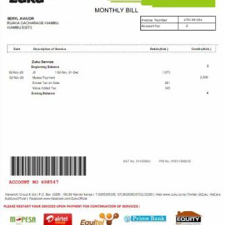 KENYA ZUKU utility bill Word and PDF template download template file