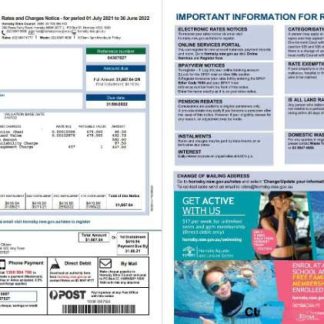 Australia NSW Hornsby Shire Council utility bill, Word and PDF template, 2 pages download template file