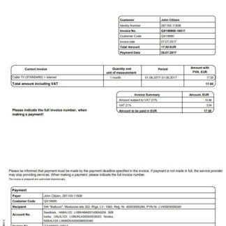 Latvia Baltcom telecommunications utility bill template in Word and PDF format (English version) download template file