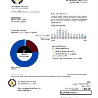 Liberia Electricity Corporation utility bill template in Word and PDF format download template file