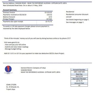 Libya General Electric Company electricity utility bill template in Word and PDF format download template file