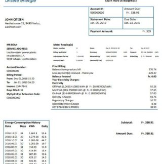 Liechtenstein Ische Kraftwerke (LKW) electricity utility bill template in Word and PDF format download template file