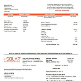 Malaysia Plus Solar Systems Sdn Bhd utility bill template in Word and PDF format download template file