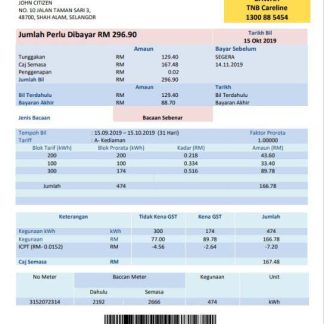 Malaysia Tenaga Nasional electricity utility bill template in Word and PDF format download template file