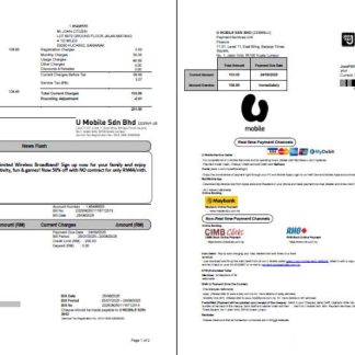 Malaysia U Mobile utility bill template in Word and PDF formats, 2 pages download template file