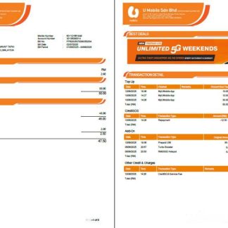 Malaysia U Mobile utility bill template in Word and PDF formats, 2 pages, version 2 download template file