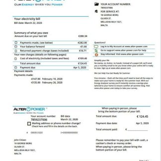 Malta AlterPower Malta proof of address utility bill template in Word and PDF format download template file