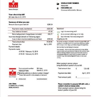 Monaco SMEG electricity utility bill template in Word and PDF format download template file