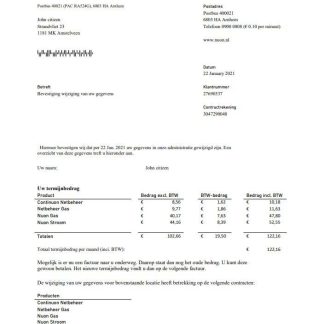 Netherlands NUON gas utility bill template in Word and PDF format in Dutch language download template file