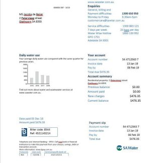Netherlands SA Water utility bill in Word format download template file