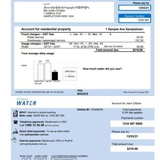 Australia Sydney water utility bill download template file