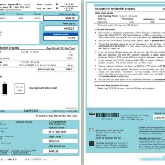 Australia Sydney Water utility bill, Word and PDF template, 2 pages download template file