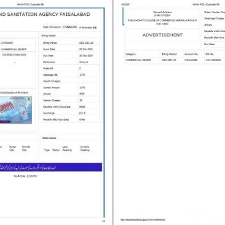 Pakistan WASA utility bill template in Word and PDF formats, 2 pages download template file