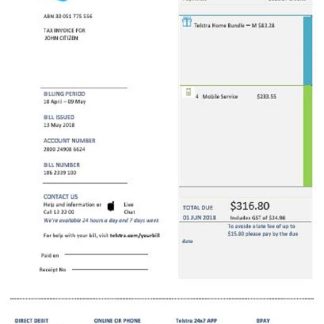 Australia Telstra telecommunications utility bill download template file