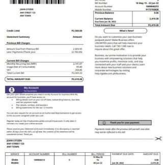 Philippines Globe Business utility bill template in Word and PDF format download template file