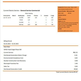Philippines Manila Electric Company (Meralco) electricity utility bill Word and PDF template download template file