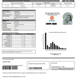 Philippines Meralco electricity utility bill template in Word and PDF format, version 2 download template file