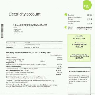 Australia Tru electricity utility bill template, fully editable in PSD format download template file