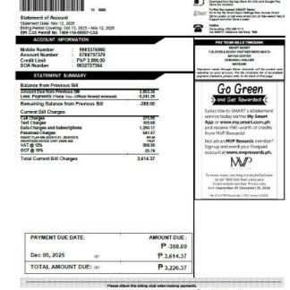 Philippines Smart utility bill template in Word and PDF formats, version 2 download template file