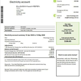 Australia Tru Energy electricity utility bill template in Word and PDF format download template file