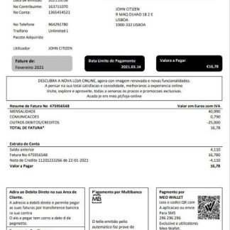 Portugal MEO utility bill template in Word and PDF format, fully editable download template file